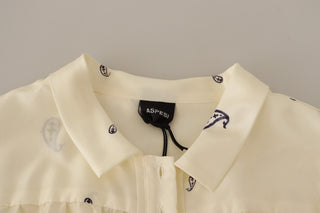 Off White 100% Silk Long Sleeves Collared Top Blouse