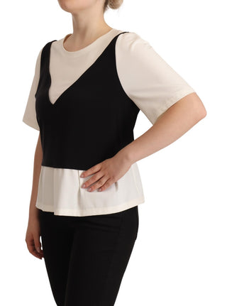 Blusa de poliéster blanca y negra de manga corta