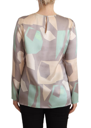 Multicolor Silk Long Sleeves Round Neck Top Blouse