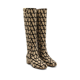 Beige Canvas Flat Boots