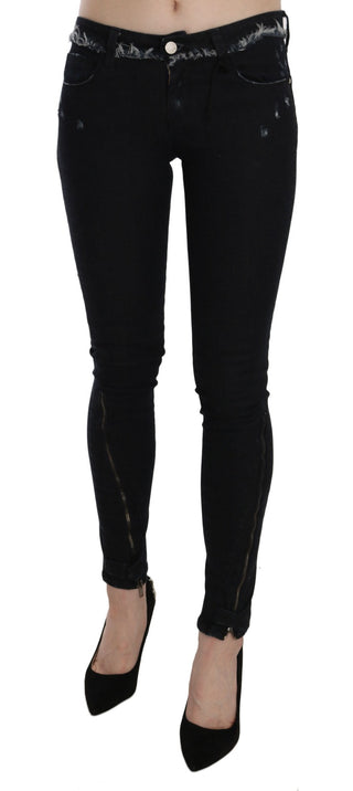 Schwarze Low-Waist-Skinny-Jeans aus Denim mit Reißverschluss am Bein