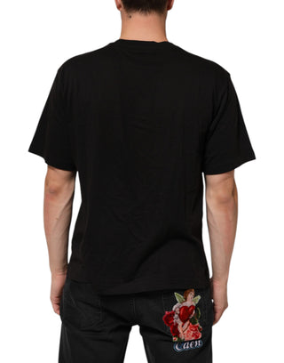 Schwarzes Baumwoll-T-Shirt mit Rundhalsausschnitt und Logodruck