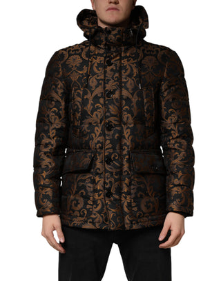 Chaqueta acolchada con capucha de jacquard floral negro