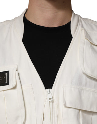 White Cotton Cargo Men Vest Coat Jacket