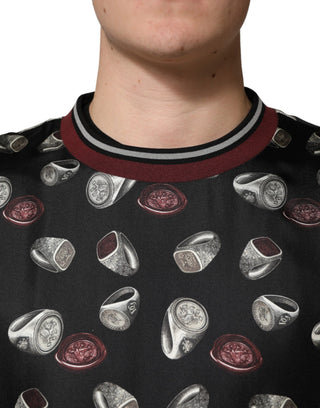 Schwarzes Ring-Print Rundhals-Sweatshirt