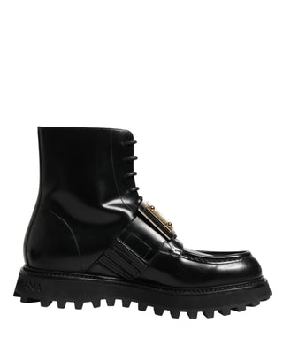 Black Leather DG Plaque Lace Up Boots Shoes
