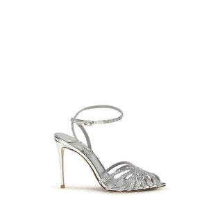 Sandalen mit Stilettoabsatz aus silbernem Kalbsleder vom Bos Taurus