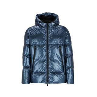 Blaue Polyamid-Jacke in voller Länge