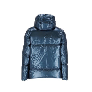 Blaue Polyamid-Jacke in voller Länge