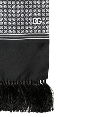 Black Silk Geometric Fringed Foulard 140cm x 15cm Scarf