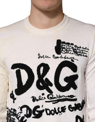 White Virgin Wool Graphic Logo Crewneck Sweater