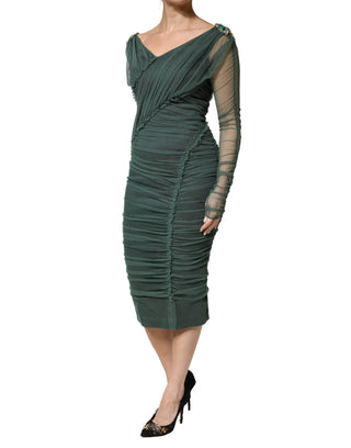 Green Ruched Mesh Sheer Sleeves Midi Dress