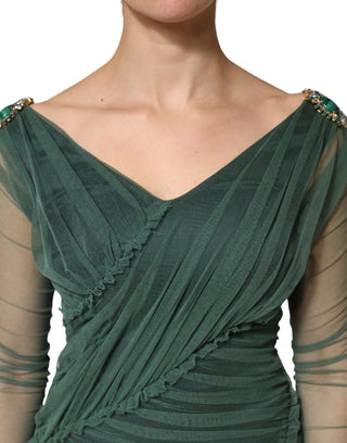 Green Ruched Mesh Sheer Sleeves Midi Dress