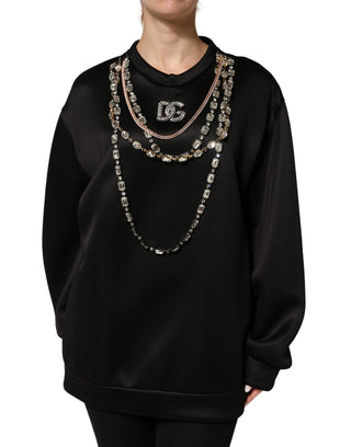 Schwarzes Sweatshirt-Oberteil mit Logo-Stickerei und Kristallen