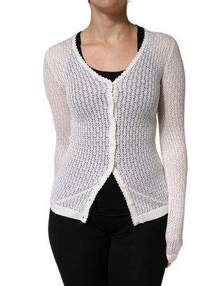 Weißer Spitzen-Seidenstrick-Cardigan mit langen Ärmeln