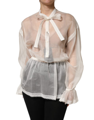 Weiße halbtransparente Seidenbluse mit Spitzen-Schleife