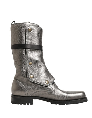 Metallic Leather Buckle Combat Boots Shoes