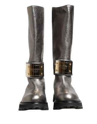 Metallic Silberfarbene Leder Mid-Calf Stiefel Schuhe