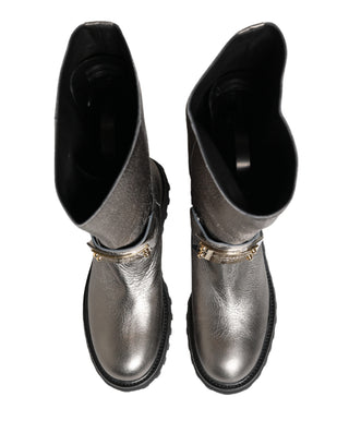 Metallic Silberfarbene Leder Mid-Calf Stiefel Schuhe