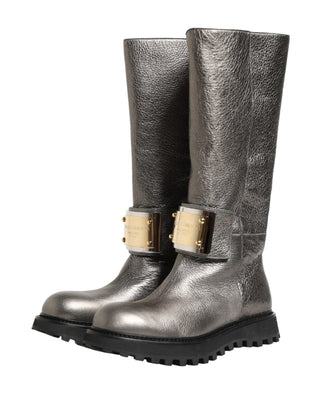 Metallic Silberfarbene Leder Mid-Calf Stiefel Schuhe