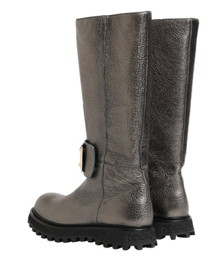 Metallic Silberfarbene Leder Mid-Calf Stiefel Schuhe