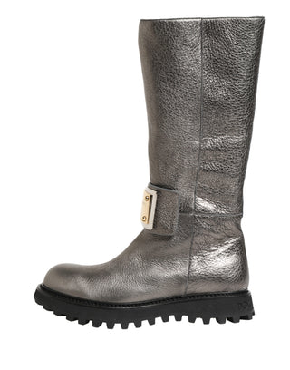Metallic Silberfarbene Leder Mid-Calf Stiefel Schuhe