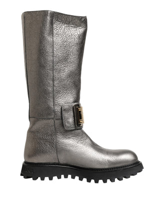 Metallic Silberfarbene Leder Mid-Calf Stiefel Schuhe