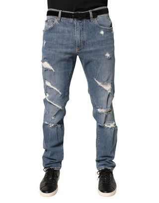 Blaue zerfetzte Slim-Fit-Jeans aus Baumwolle