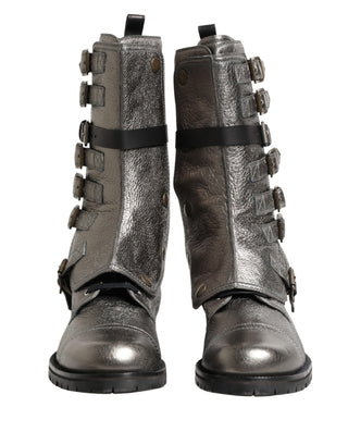 Botas de combate biker metálicas plateadas hasta media pantorrilla