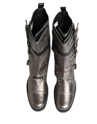Botas de combate biker metálicas plateadas hasta media pantorrilla