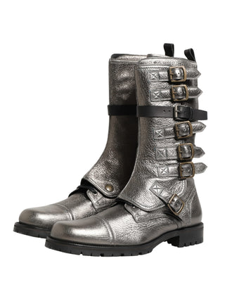 Botas de combate biker metálicas plateadas hasta media pantorrilla