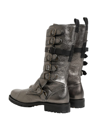 Botas de combate biker metálicas plateadas hasta media pantorrilla