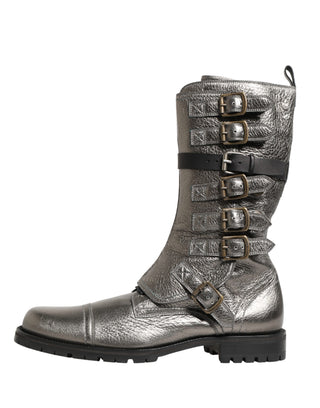 Botas de combate biker metálicas plateadas hasta media pantorrilla