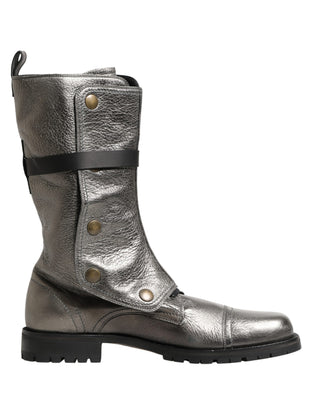 Botas de combate biker metálicas plateadas hasta media pantorrilla