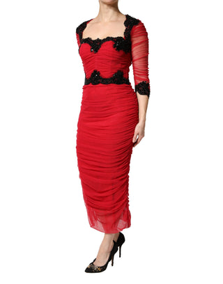 Red Mesh Trim Bodycon Sheath Midi Dress