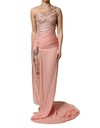 Rosa verziertes One-Shoulder-Maxikleid