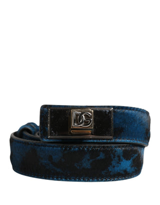 Cinturón para hombre azul de cuero de becerro con hebilla metálica con logo  