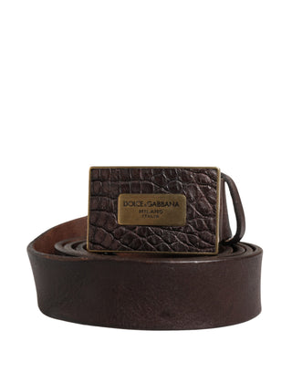 Men Brown Calf Leather Logo Metal Buckle Belt