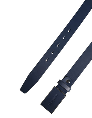 Cinturón para hombre azul de cuero de becerro con hebilla metálica con logo  