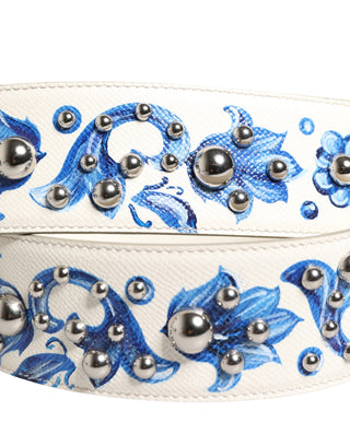 Correa de hombro con accesorio de tachuelas de cuero floral blanco y azul