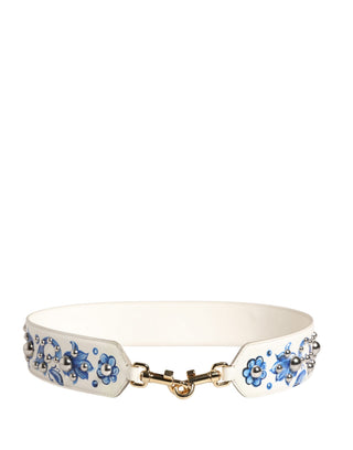 Correa de hombro con accesorio de tachuelas de cuero floral blanco y azul