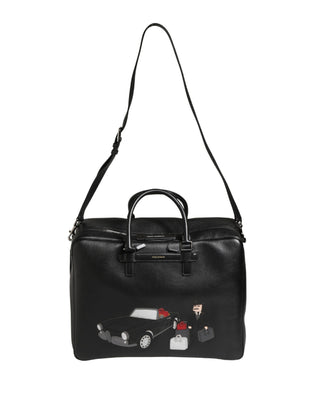 Bolsa de fin de semana de cuero negro con aplique de coche para hombre