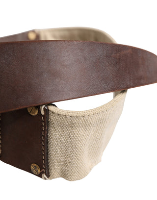 Beige Brown Leather Canvas Metal Buckle Belt