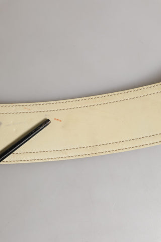 Beigefarbener Ledergürtel mit Logo, breiter Taille und eckiger Schnalle für Damen
