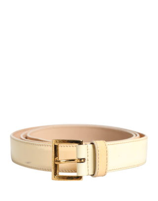 Beige Leder-Gürtel mit Logo und goldener Metallschnalle für Damen