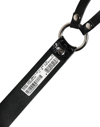 Gürtel aus schwarzem exotischem Leder mit silberner Metallschnalle