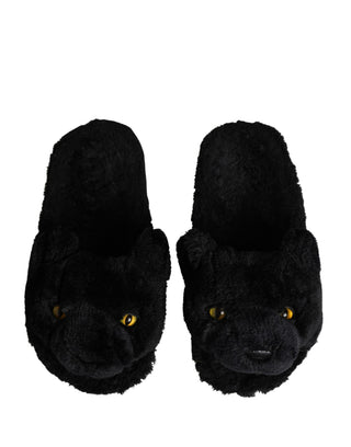 Schwarze Plüsch-Panther-Pantoletten aus Kunstfell