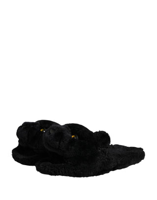 Schwarze Plüsch-Panther-Pantoletten aus Kunstfell