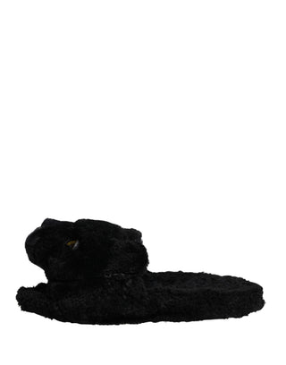 Schwarze Plüsch-Panther-Pantoletten aus Kunstfell