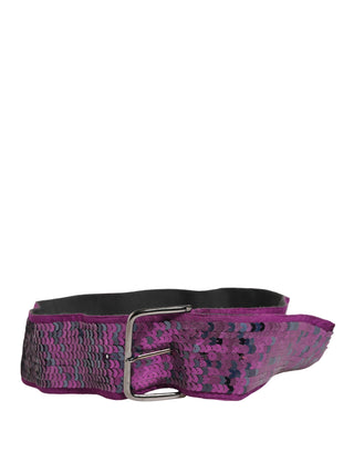 Cinturón para mujer morado con lentejuelas y hebilla metálica plateada